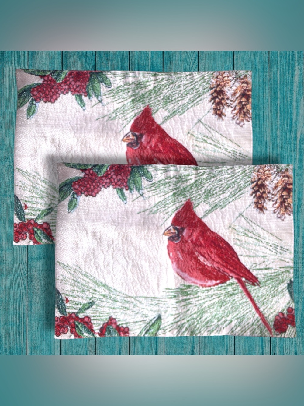 Pair/2 Cardinal Winter Tapestry Placemats Silver Specs Christmas Homey Country